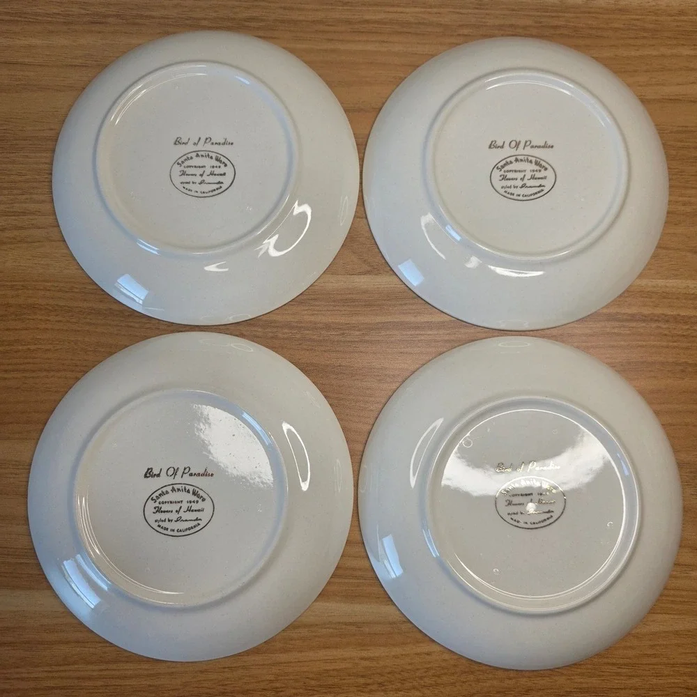 Santa Anita Ware Flowers Of Hawaii Bird Of Paradise 8 Bread & Butter Plates 1949